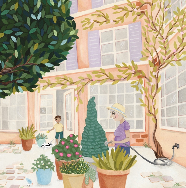 Old lady is watering plants, little POC boy is walking out of door in a friendly yard of a house. Page from LINDEN: The Story of A Tree UPLIFTING MESSAGE ABOUT LOVE AND COMMUNITY