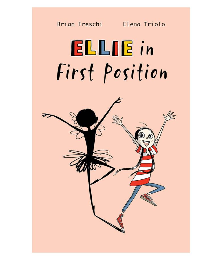 Ellie in First Position, middle grade graphic novel book cover; dancing girl has a shadow ballet dancer; pink background, best selling ballet graphic novel