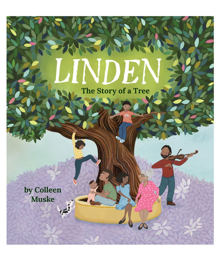 LINDEN: The Story of A Tree and the community that loves him UPLIFTING MESSAGE ABOUT LOVE AND DIVERSE COMMUNITY Like The Giving Tree, Linden watches over those who care and love for him. UNLIKE the Giving Tree, Linden’s love for his community isn’t expressed through sacrifice. This is ultimately a more positive message for kids. Huge linden tree, Black child is sitting on a branch, diverse people sitting around the tree, a man plays the violin.