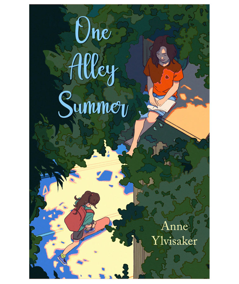 One Alley Summer: A Novel about Friendship and Growing Up Categories: middle grade novel, poetry A girl sitting hidden, high behind tree-leaves is writing in her diary, below her another girls is on a skateboard. Themes: treehouse, diary, secrets, middle school, verse, summer, skateboard, dog, boundaries, nostalgia, poetry, growing up, story in free-verse, friendship, peer pressure Easily accessible verse with pitch-perfect tone for middle grade readers; Phee is a deeply relatable character and narrator The summer between elementary and middle school is a universally fraught time, and this story perfectly captures the anxiety we all know so well; a positive, feel-good story about friendship and growing up; Older readers will recall with joy and angst the summers of their own youth