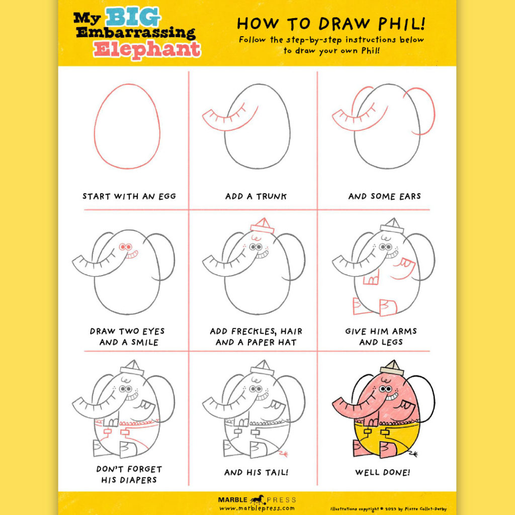 My Big Embarrassing Elephant, how to draw Phil, craft page, A compassionate and funny social emotional learning book. Ideal for parents and therapists discussing sensitive topics like shame.