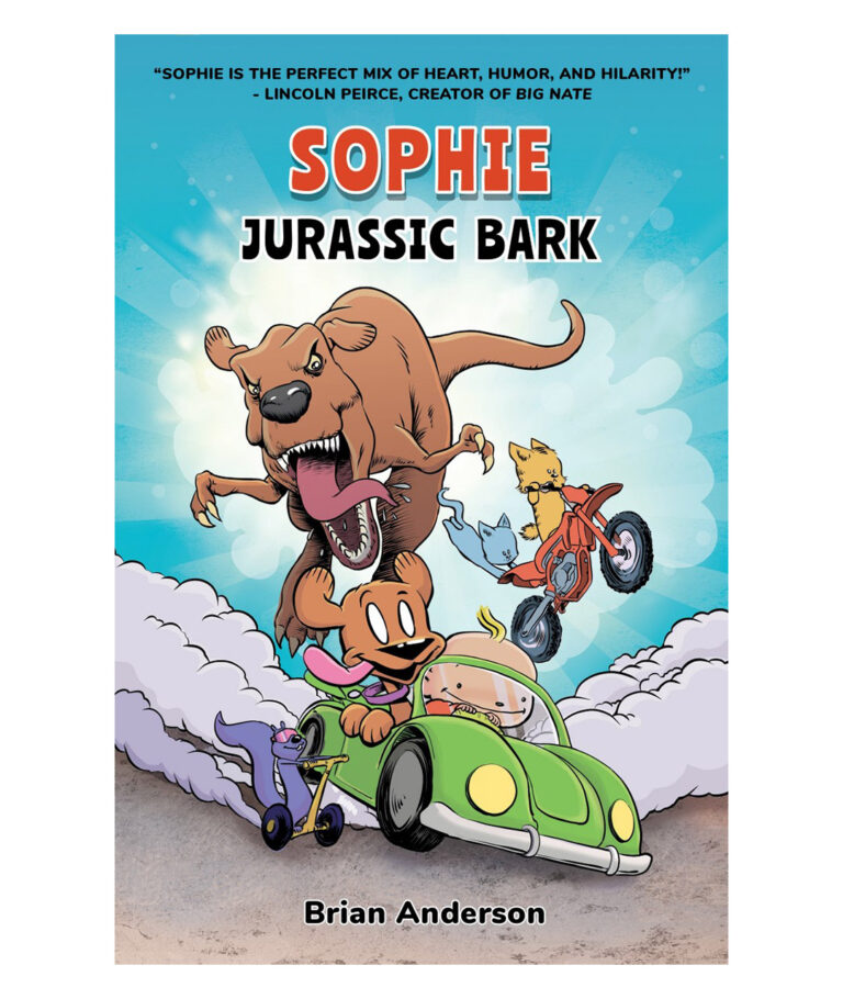 Sophie:Jurassic Bark-graphic novel for 8-12 year old kids.Sophie the dog and her human baby brother are escaping in a green car from a giant dinosaur. Chewy and Equi, the cats, are riding a motorbike, and s squirrel is speeding on a scooter. Cartoony fun dynamic book cover