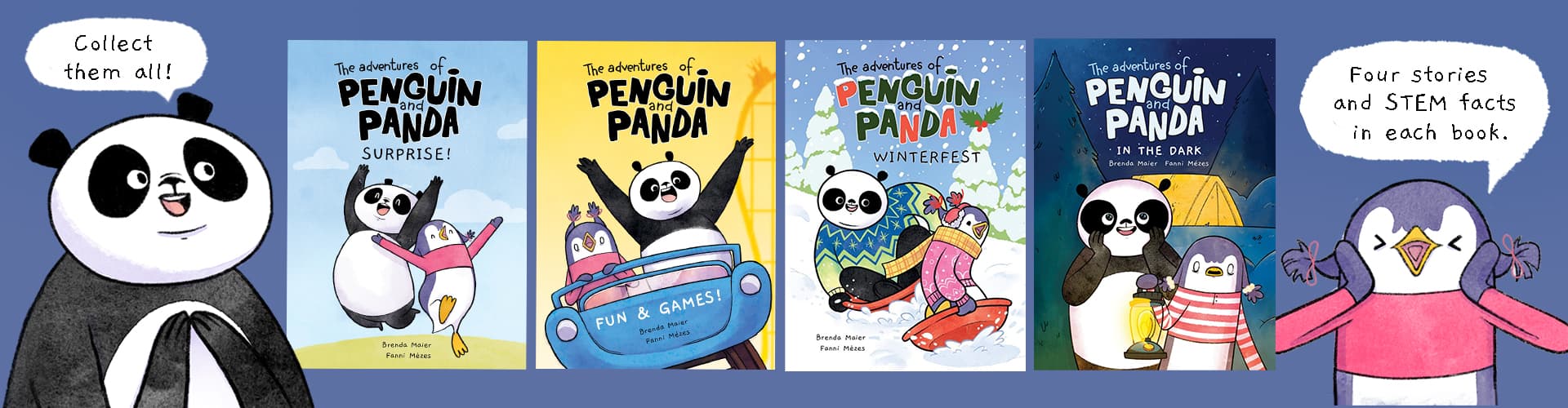 Images of main characters chill Panda and cute Penguin and 4 book covers of the series of The adventures of Penguin and Panda; Award-winning series for children ages 5-9; ALA best easy-reader graphic novels 2024 by brenda Maier and Fanni Mezes, published by Marble Press