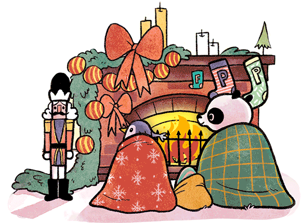 The Adventures of Penguin and Panda early-reader graphic novel series, Christmas scene Penguin and Panda sitting in front of the fireplace,