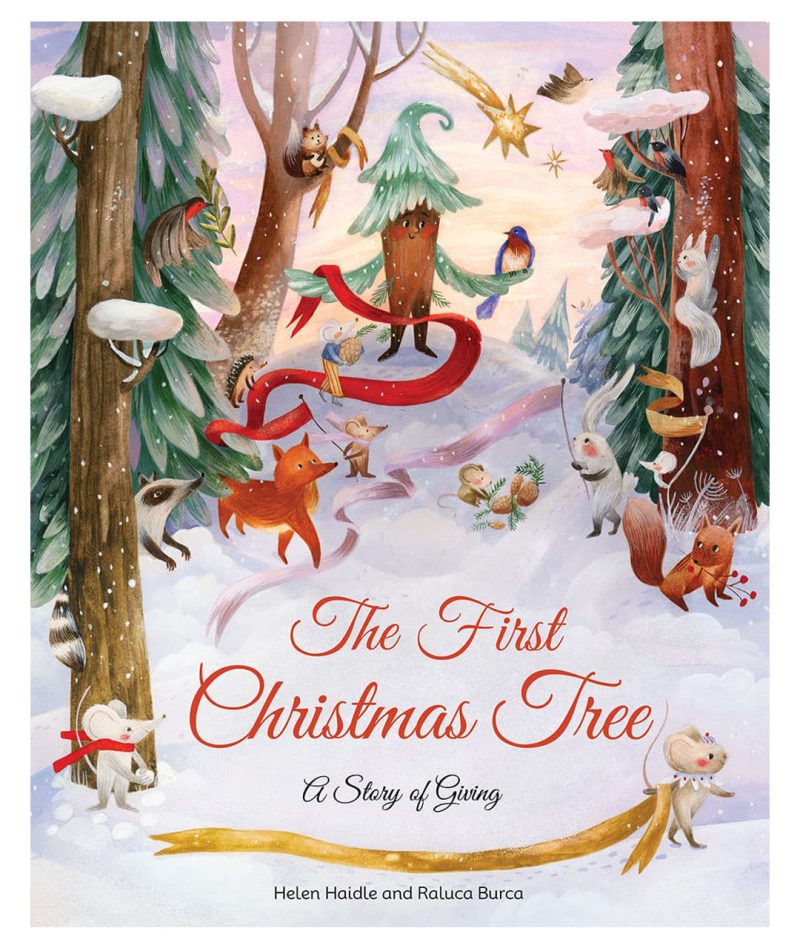 The First ChristmasTree - Little Fir Tree is surrounded by big trees and charming forest animals in the winter sunset. Watercolor art