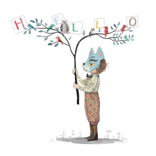 child in cat mask holding tree-branch with birds saying hello